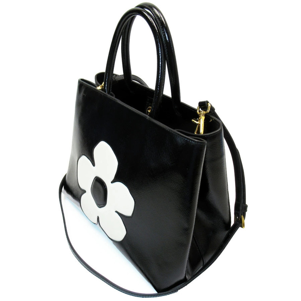 Prada brushed glossy black Tote flower 2way Spazzolato Floral Convertible
